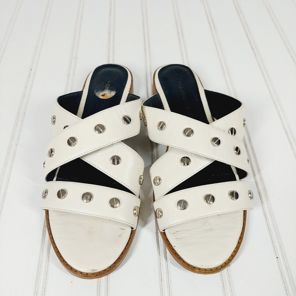Rebecca Minkoff Leather Susie Antique White Studded Slide Sandals C87
